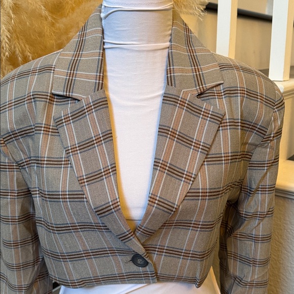For Love And Lemons Gray Plaid Crop Blazer Size Small - Picture 6 of 10